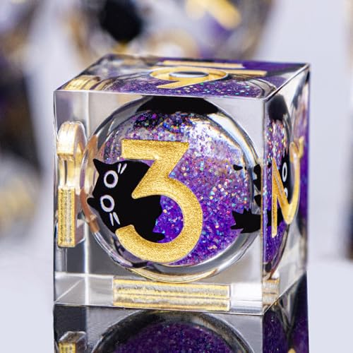 DND Cat Dice Set Purple Sharp Edge Dice with Box, RPG D and D Dice Dungeons Dragons Role Playing Game Polyhedral Resin Dice Set D20 D12 D10 D8 D6 D4 - color: Golden Purple
