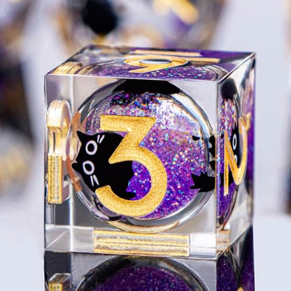 DND Cat Dice Set Purple Sharp Edge Dice with Box, RPG D and D Dice Dungeons Dragons Role Playing Game Polyhedral Resin Dice Set D20 D12 D10 D8 D6 D4 - color: Golden Purple