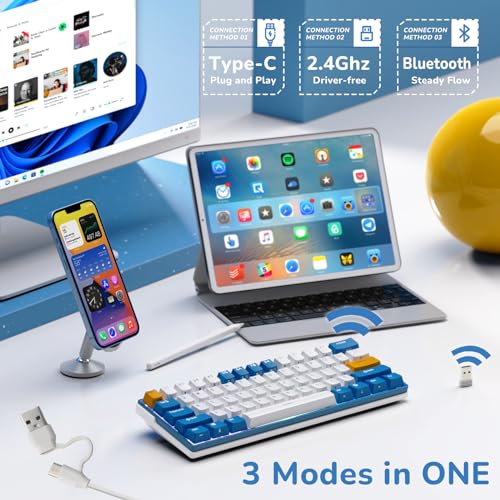 RK ROYAL KLUDGE RK61 Plus Wireless Mechanical Keyboard, 60% Percent Gaming Keyboard w/Bluetooth/2.4G/USB Wired, Hot Swappable PC Game Keyboards with USB Hub, Quiet Linear SkyCyan Switches, White