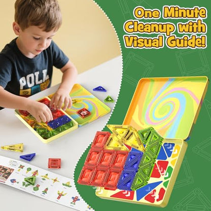 Mini Magnetic Tiles for Kids Travel: 40PCS Portable Building Blocks | Metal Storage Box & Visual Guide for 1-Minute Cleanup - Diamond Sparkle STEM Travel Toys for Toddlers Boys Girls Age 3-8 - style: Diamond Texture Mini Magnetic Tiles - 40 PCS