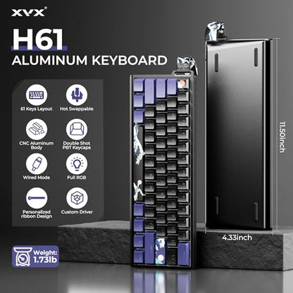 HITIME x XVX 60% Percent Keyboard with Strap, H61 Wired Aluminum Gaming Keyboard, Hot Swappable, Kanagawa Anime PBT Keycaps, RGB Backlit, Cherry Profile, Sound Absorbing Pads, Creamy Linear Switch - color: Black Kanagawa