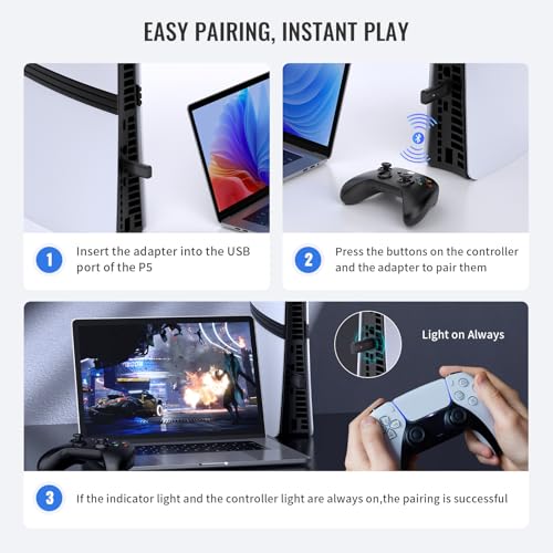 JDDWIN LED Wireless Gaming Controller for PS5 PS5 Bluetooth Wireless Controller Adapter
