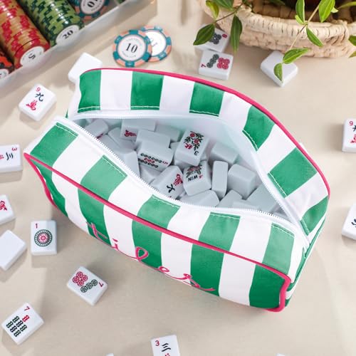 Sanwuta 1 Pcs Mahjong Tile Bag with Zipper,Green,Striped | Embroidered Mahjong Case for 166 American Mahjong Tiles (1.2") Portable Bags for Board Game Party Gathering Travel - color: Green, style: Classic