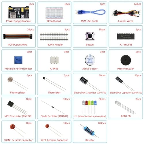 REXQualis Electronics Basic Kit w/Power Supply Module, Breadboard, Jumper Wire, LED,Resistor, comes with more than 300pcs sensors and components for fun and simple electronic projects.