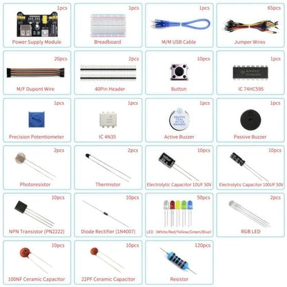 REXQualis Electronics Basic Kit w/Power Supply Module, Breadboard, Jumper Wire, LED,Resistor, comes with more than 300pcs sensors and components for fun and simple electronic projects.