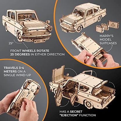 UGEARS Wooden 3D Puzzles for Adults - Flying Ford Anglia Harry Potter Puzzle 3D – Harry Potter Flying Car Building Kits for Adults DIY Model Kit with Spring Drive - style: Flying Ford Anglia