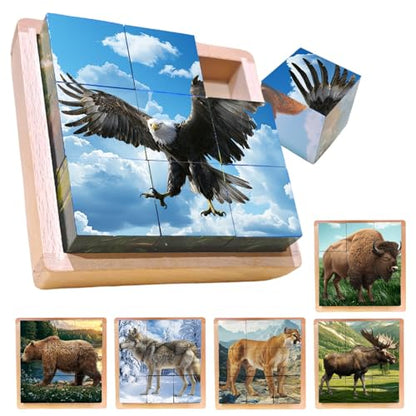 Wooden Cube Puzzle of Native North American Animals | Wooden Puzzles for Kids & Toddlers Ages 3 4 5 6 7 8 - style: American wildlife