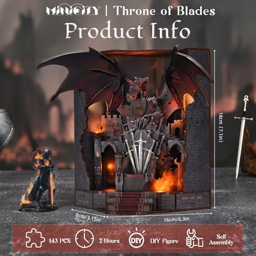 MiniCity Book Nook Kit - DIY Miniature House Kit for Adults and Teens, Dollhouse Booknook Tiny House Model Build Bookshelf Decor, Gifts for Family, Friends (Throne of Blade) | Create a dragon king throne for display; LED lighting, glue/tools and guide inc