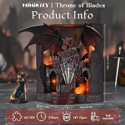 MiniCity Book Nook Kit - DIY Miniature House Kit for Adults and Teens, Dollhouse Booknook Tiny House Model Build Bookshelf Decor, Gifts for Family, Friends (Throne of Blade) | Create a dragon king throne for display; LED lighting, glue/tools and guide inc