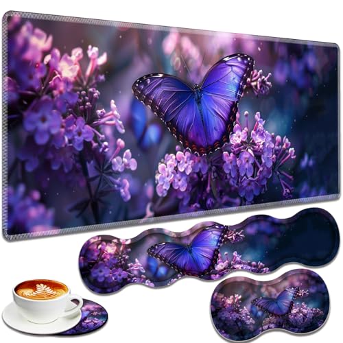 Large Gaming Mouse Pad + Keyboard Wrist Rest + Wrist Support + Coaster Set, Memory Foam Ergonomic for Easy Typing, XXL Extended Gaming Mouse Pad Table Pad - Purple Butterfly - color: Purple Butterfly