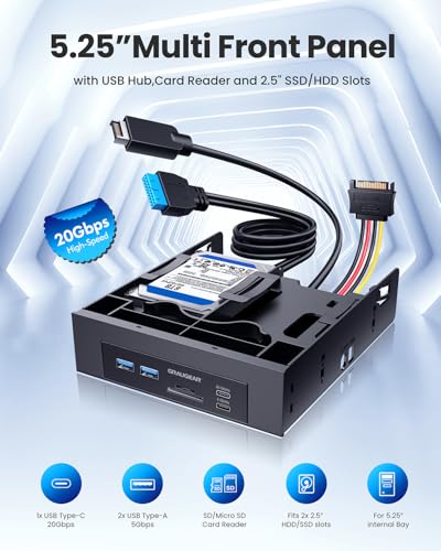 GRAUGEAR 5.25” Front Panel USB Hub, Internal SD/microSD Card Reader for Desktop PC, Gen2x2 20Gbps USB-C Port, Dual 2.5" SSD/HDD Slots, USB3.2 Type-E Key-A & USB3.0 19-Pin Header