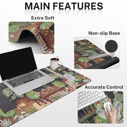Arttown Keyboard Mouse Pad Set, 4 in 1 Desk Mat Set Frog Cute | Cartoon Plant Large Mousepad+Keyboard Wrist Rest+Mouse Wrist Rest+Coaster Ergonomic Design for Home Office Computer - color: Cute Frog