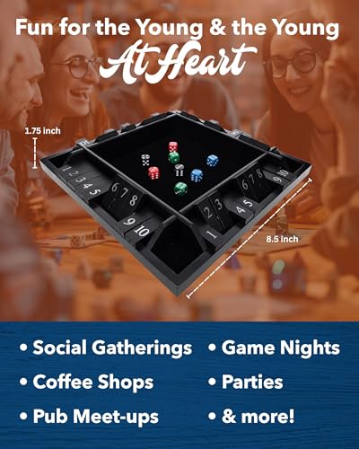WE Games Shut the Box Wooden Board Game - Classic 4-Player Table Top Math Dice Game, Black Stained Wood, 8.5 in. Travel Size, 10 Numbers, for Families and Adults - color: Black Stained Wood, size: 8.5 x 8.5 x 1.25 in.