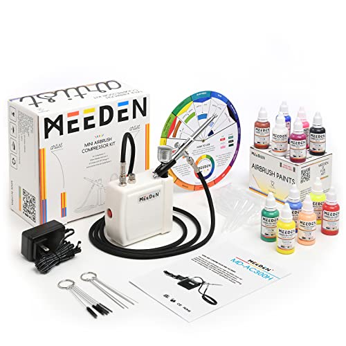 MEEDEN Airbrush Kit with Air Compressor, 12 Colors Acrylic Paint, Dual Action Air Brush Spray Gun with 0.5mm Nozzle & Cleaning Set - Ideal for Painting, Nails Art, Model Making & DIY - White - color: White, size: Set
