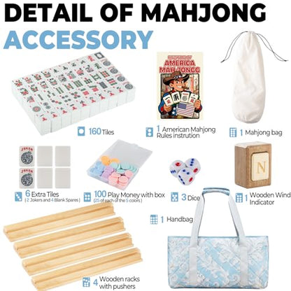 MUTEX American Mahjong Game Set, 166 Premium Mahjong Tile Set with Waterproof Iced Blue Carrying Bag, Western Mahjong Set with 4-Piece Natural New Zealand Wood Racks/Pushers - color: Iced Blue With New Zealand Wood