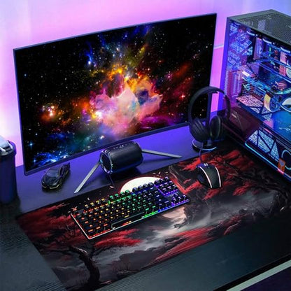 Black Red Japanese Mouse Pad XXL Moon Sakura Cherry BLoosm Tree Extended Table Mat 90X40 cm Non-Slip Rubber Base Stitched Edge Large Mousepad for Gaming Laptop Computer Desk Top 35.4×15.7 Inch - color: Black Red Japanese-a, size: 35.4 x 15.7 inches