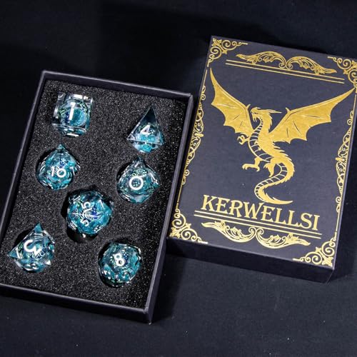 KERWELLSI Cat Liquid Core DND Dice Set with Gift Box, 7Pcs Resin Dungeons Sharp Edge D&D Dice, Dragons D and D Role Playing Dice D20 D12 D10 D8 D6 D4, Blue and Light Green Cat - color: Blue and Light Green Cat