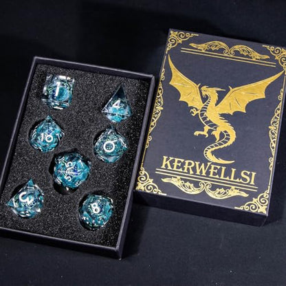 KERWELLSI Cat Liquid Core DND Dice Set with Gift Box, 7Pcs Resin Dungeons Sharp Edge D&D Dice, Dragons D and D Role Playing Dice D20 D12 D10 D8 D6 D4, Blue and Light Green Cat - color: Blue and Light Green Cat