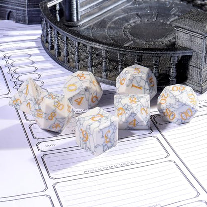 Synthetic Turquoise Marble Dice Set, 7-Piece Polyhedral Dice for Dungeons & Dragons (D&D), Pathfinder, MTG, Tabletop RPG Gaming, Natural Texture Dice with Gold Numbering (White) - color: White