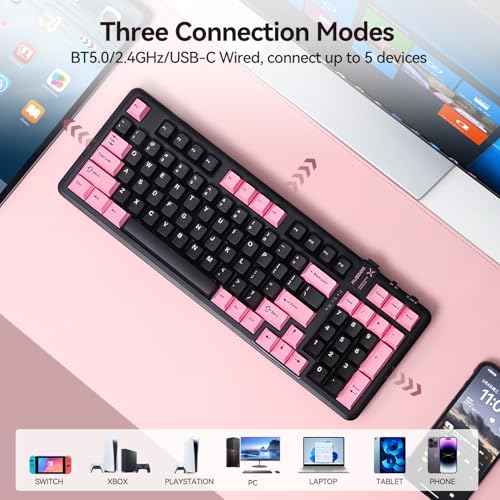 AUSDOM 98Pro Silent Wireless Mechanical Keyboard, Tri-Mode BT/2.4G/USB-C Hot Swappable Custom Quiet Keyboard with Backlit, Gasket Structure, PBT Keycaps,Pre-lubed Tactile Switches(Black & Pink-Silent) - color: Black & Pink
