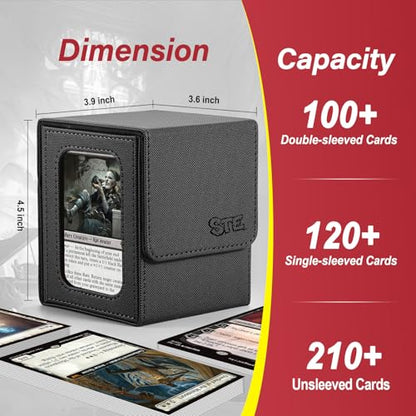 MTG Deck Box,Double Display Window,Commander Deck Box Fits 120+ Single Sleeved Cards,PU Leather Magnetic Closure Card Box with 2 Dividers&2 Toploaders for TCG,CCG,Black - color: Black, size: 1 pack