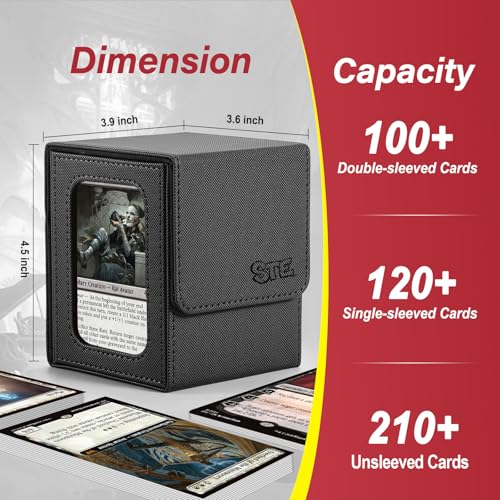 MTG Deck Box,Double Display Window,Commander Deck Box Fits 120+ Single Sleeved Cards,PU Leather Magnetic Closure Card Box with 2 Dividers&2 Toploaders for TCG,CCG,Black - color: Black, size: 1 pack