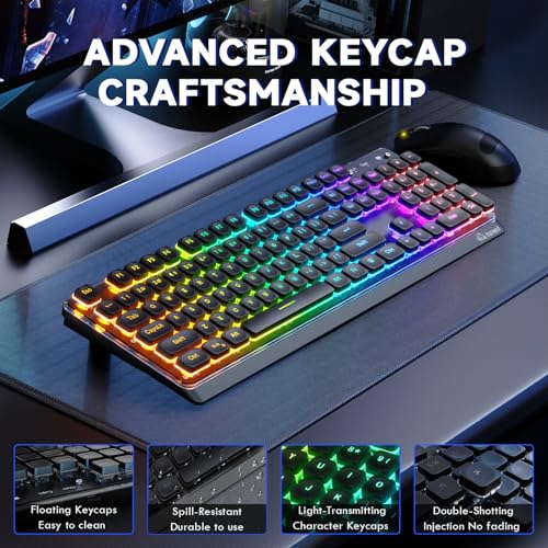 Free wolf M104 Wireless Gaming Keyboard with Numeric Keypad Tri-Mode(2.4Ghz/Wired/Bluetooth) Membrane Full Size Mechanical Feel Metal Panel RGB 4000MAH Rechargeable Quiet for PC/MAC/Win Gamer-Black - color: Black