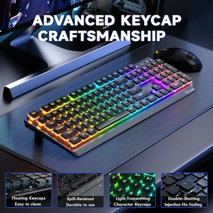 Free wolf M104 Wireless Gaming Keyboard with Numeric Keypad Tri-Mode(2.4Ghz/Wired/Bluetooth) Membrane Full Size Mechanical Feel Metal Panel RGB 4000MAH Rechargeable Quiet for PC/MAC/Win Gamer-Black - color: Black