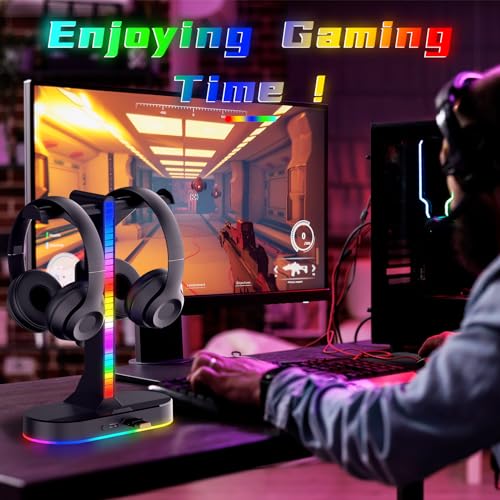 RGB Headphone Stand - Dual Gaming Headset Holder with 3 USB Charging Station and 3.5mm Audio Port,8 Light Modes, Suitable for Gaming, Wireless Earphone Display, Gamer Gifts for Men (Black) - color: black