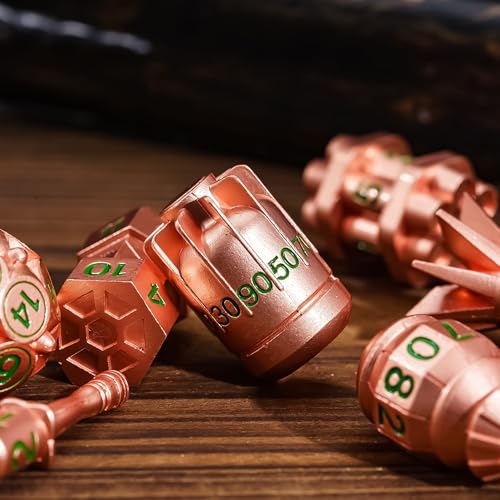 UDIXI RPG Metal Dice Set D&D, 7-Pieces Polyhedral Metal DND Dice Set Copper | Bomb Shape, Green Numbers, Solid Metal, Cool Design, Leather Pouch Packaging, for Dungeons and Dragons Role Playing Games - color: Copper Green