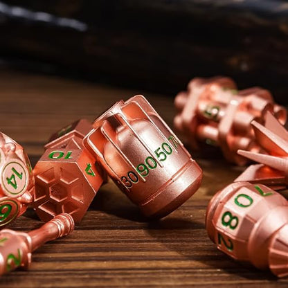 UDIXI RPG Metal Dice Set D&D, 7-Pieces Polyhedral Metal DND Dice Set Copper | Bomb Shape, Green Numbers, Solid Metal, Cool Design, Leather Pouch Packaging, for Dungeons and Dragons Role Playing Games - color: Copper Green