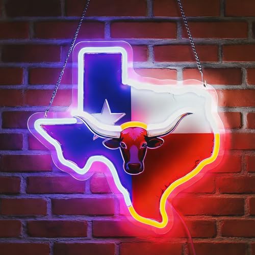 LED TEXAS Neon Sign Light Up Longhorns Lights Lighted Bull Neon Signs for Bedroom Dorm Hallway Garage Man Cave Bar Gaming Room Western Country Wall Decor Art Gifts - color: Texas