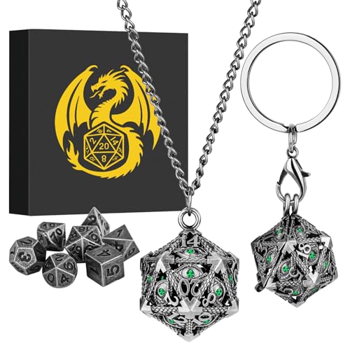 Mini DND Dice Set with Hollow D20 Metal Case Portable Keychain Necklace, Tiny 7pcs Polyhedral D&D Dice Set, DND Gifts with Gift Box, D&D Accessories for RPG（Green Diamond, Silver） - color: Dark Silver