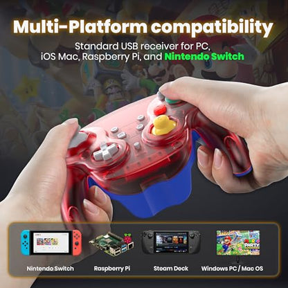 2.4 GHz Wireless USB GameCube Controller for Switch 1 & 2, PC, Clear Red | (Built-in Vibration) (Rechargeable) (Analog Triggers / Stick) Compatible with Switch Online, Windows PC, macOS