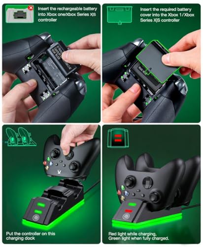 Controller Charger Station with 2 Packs 4320mWh Rechargeable Battery for Series X/S/One/Elite Controller, Dual Charging Dock with 4 Packs Covers
