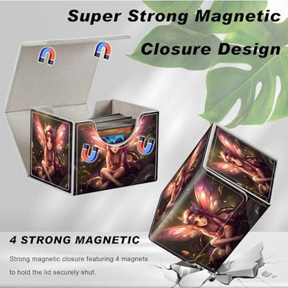 DEGDFSGR for TCG MTG Card Game Storage Box Organizer Trading Card Case Commander Deck Box Magnetic Closure Creative Pattern Up to 200 Cards, Pink Fairy Sitting Flower Meadow - color: Pink Fairy Sitting Flower Meadow