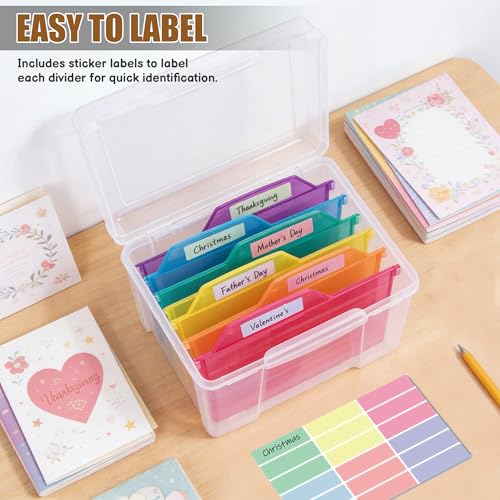 Greeting Card Storage & Organizer Box with 6 Removable Dividers for Holiday Birthday Get Well Cards Photos, Crafts, Scrapbooking
