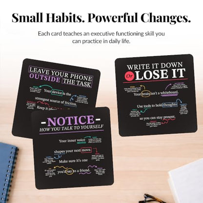 Executive Functioning Mindset Cards – 52 Daily Habit Cards for Focus, Organization & Follow Through – for Kids, Teens & Adults – Includes Wooden Display Stand – Gift for Teachers & Parents - style: Executive Functioning