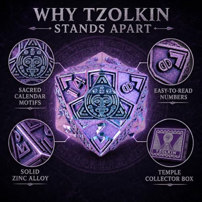 Tzolkin Metal DND Dice Set, 7-Piece Polyhedral Dice | Solid zinc alloy dice with heavy feel, Mayan Aztec calendar details, readable numbers, and temple collector box for RPG play - color: Blue