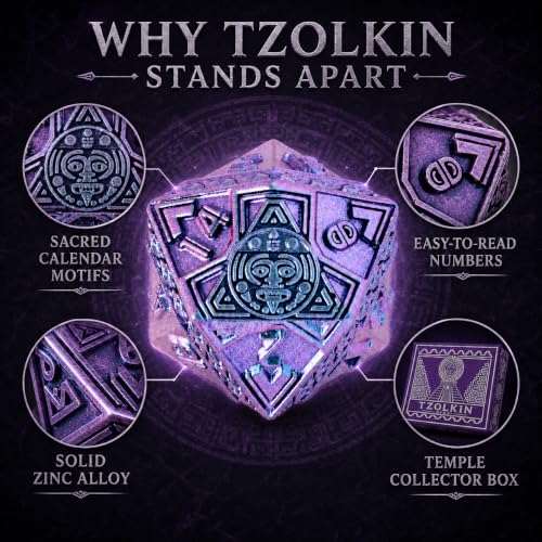 Tzolkin Metal DND Dice Set, 7-Piece Polyhedral Dice | Solid zinc alloy dice with heavy feel, Mayan Aztec calendar details, readable numbers, and temple collector box for RPG play - color: Blue