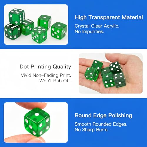 12 Piece 19 mm Casino Style Dice Set, Acrylic Translucent D6 Dice with Square Rounded Edge,Green for Craps, Table Games, Board Games, RPG, MTG, DND(Green) - color: Green