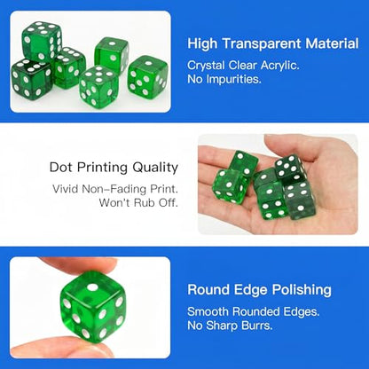 12 Piece 19 mm Casino Style Dice Set, Acrylic Translucent D6 Dice with Square Rounded Edge,Green for Craps, Table Games, Board Games, RPG, MTG, DND(Green) - color: Green