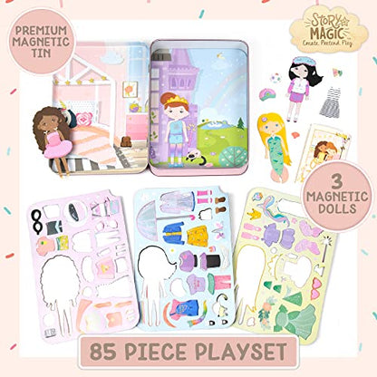 Story Magic Dress-Up Dolls Playset, Pretend Play Magnetic Case, Magnet Outfit and Accessory Pieces, Great for Travel or Playdates, Magnetic On The Go Activity Set for Ages 4, 5, 6, 7 , Pink - style: Travel Dress Up