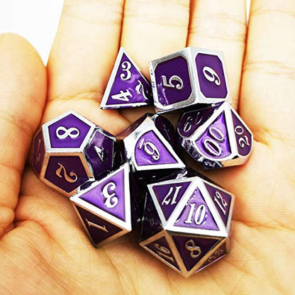 Haxtec Metal DND Dice Set Silver Royal Purple Enamel D&D Dice with Leather Dice Bag Compatible with Dungeons and Dragons TTRPG Gift for DND Lovers Players Masters - color: Silver Purple