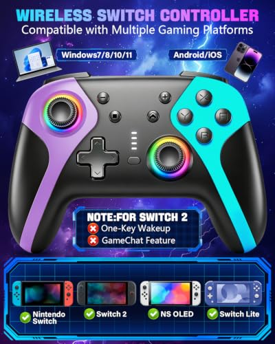 GaloDrmy Wireless Switch Controllers for Nintendo Switch/OLED/Lite/Switch 2 | 1000mAh Rechargeable Switch Pro Controller with 10 Color Light/Hall Effect Joystick/Wake Up/Turbo/Motion Control,Purple&Green - color: Purple & Green