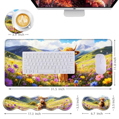 Mouse Pad,Large Desk Mat Set, 4in1 XL Mousepad + Keyboard Wrist Rest+Mouse Wrist Rest+Coaster with Ergonomic Desk Pad for Home Office Table Computer Cover -Highland Cows - color: Highland Cows
