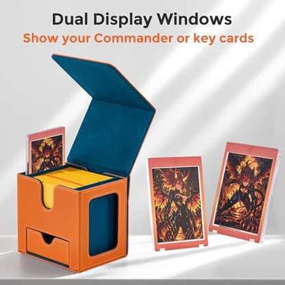 MTG Commander Deck Box with Dual Display Windows and Dice Tray | Fits 100 Double-Sleeved Cards, PU Leather, 2 Magnetic Card Holders, 2 Dividers, Orange & Teal - color: 3. Orange & Teal