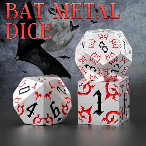 ZHOORQI Metal DND Dice 7Pcs Bat Design Polyhedral Die Set(BF-White Red) | Sharp Edge D and D Dice for Dungeons and Dragons DM RPGs Gift Gaming Collection - color: Bat-white Red