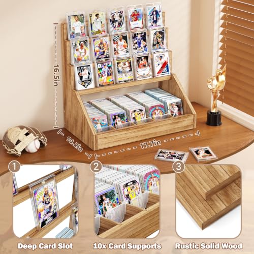 Emfogo Trading Card Display, 3-Tier Card Display Stand with 5-Row Storage, Wooden Graded Card Display, Large Capacity Sports Cards Display Case for Cards Game Collection (Brown) - color: Brown