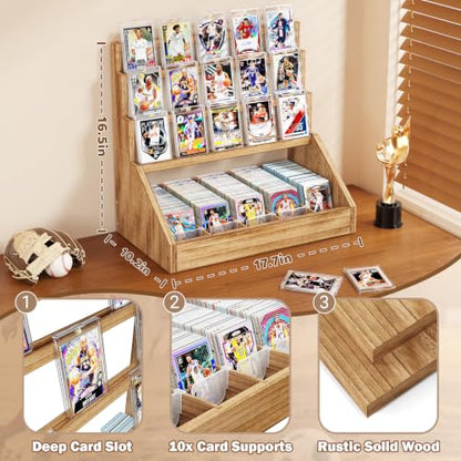 Emfogo Trading Card Display, 3-Tier Card Display Stand with 5-Row Storage, Wooden Graded Card Display, Large Capacity Sports Cards Display Case for Cards Game Collection (Brown) - color: Brown